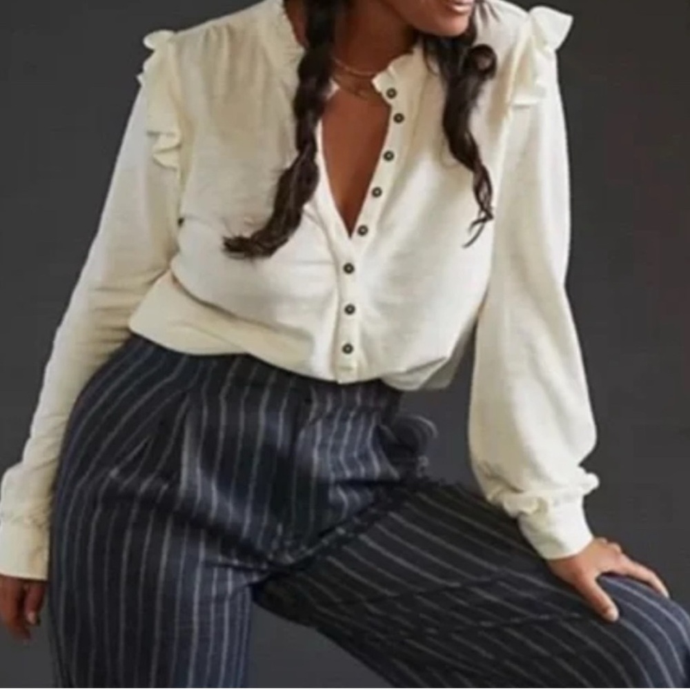 Pilcro cream ruffled henley top